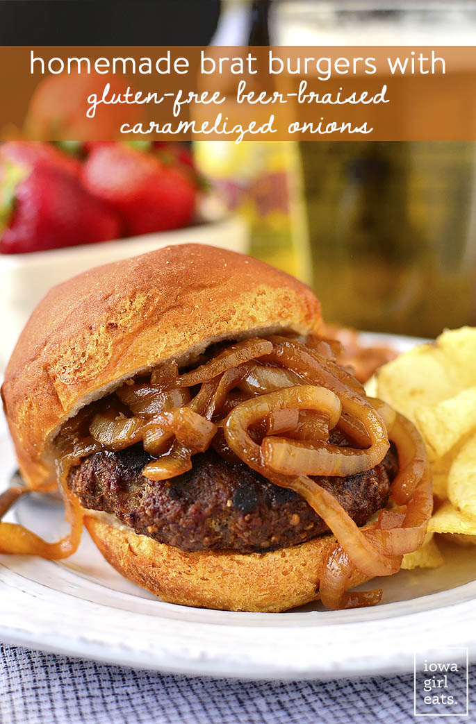 Homemade Brat Burgers with Gluten-Free Beer-Braised Caramelized Onions are homemade brat patties (just pork and spices,) topped with luscious, gluten-free beer-spiked onions. You'll be making this easy grilling recipe all summer long! | iowagirleats.com