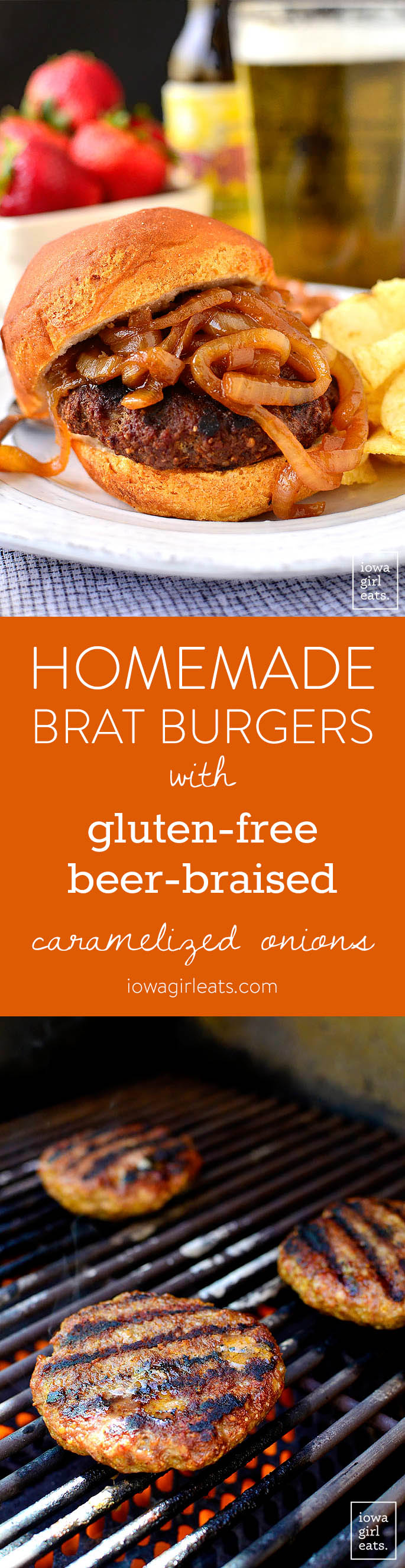 Homemade Brat Burgers with Gluten-Free Beer-Braised Caramelized Onions are homemade brat patties (just pork and spices,) topped with luscious, gluten-free beer-spiked onions. You'll be making this easy grilling recipe all summer long! | iowagirleats.com